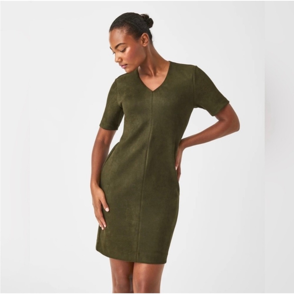 Spanx Faux‎ Suede Column Dress Medium V Neck Short Sleeves Green Shift Fall